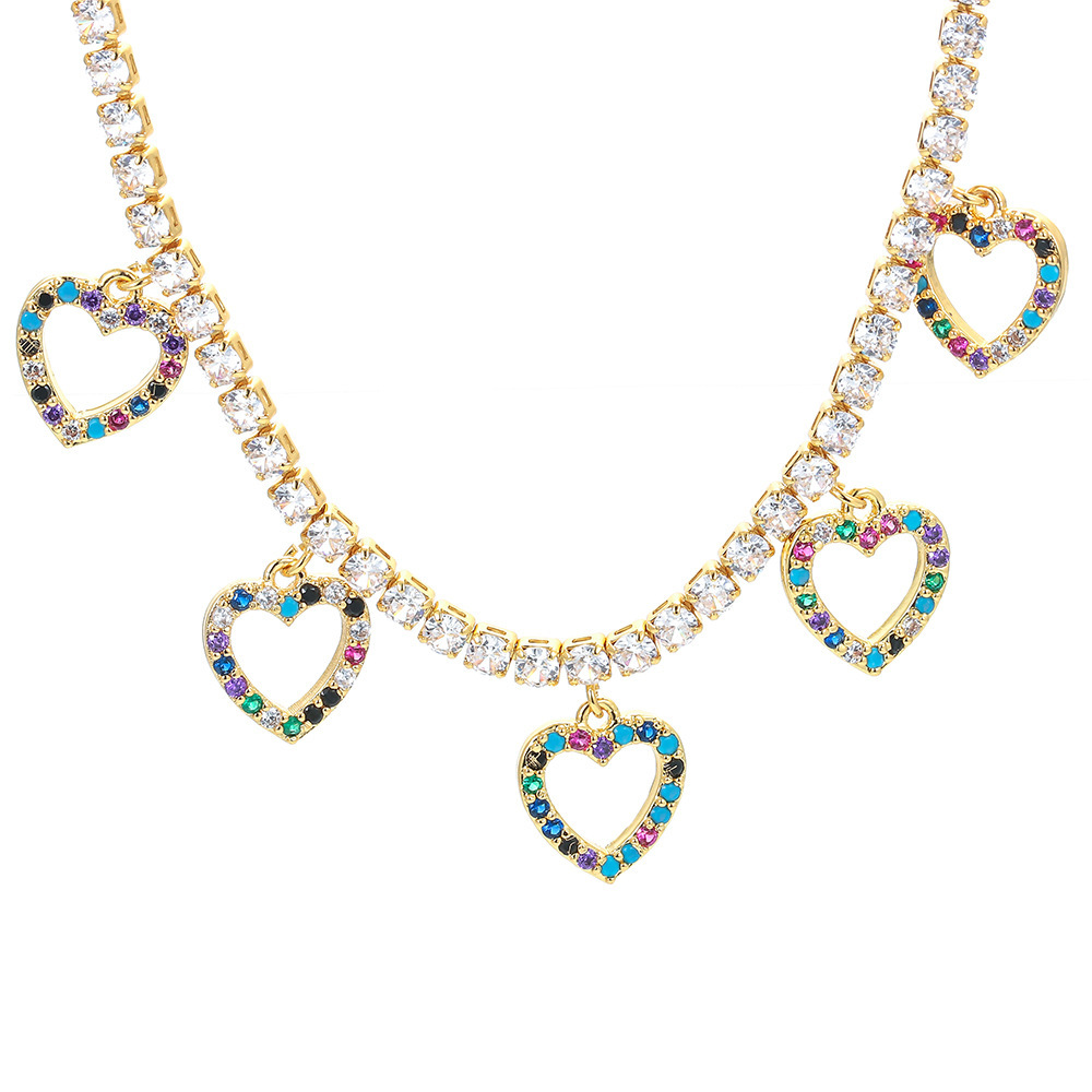 Korean Fashion Heart Pendant Necklace Female Copper Inlaid Color Zircon Clavicle Chain