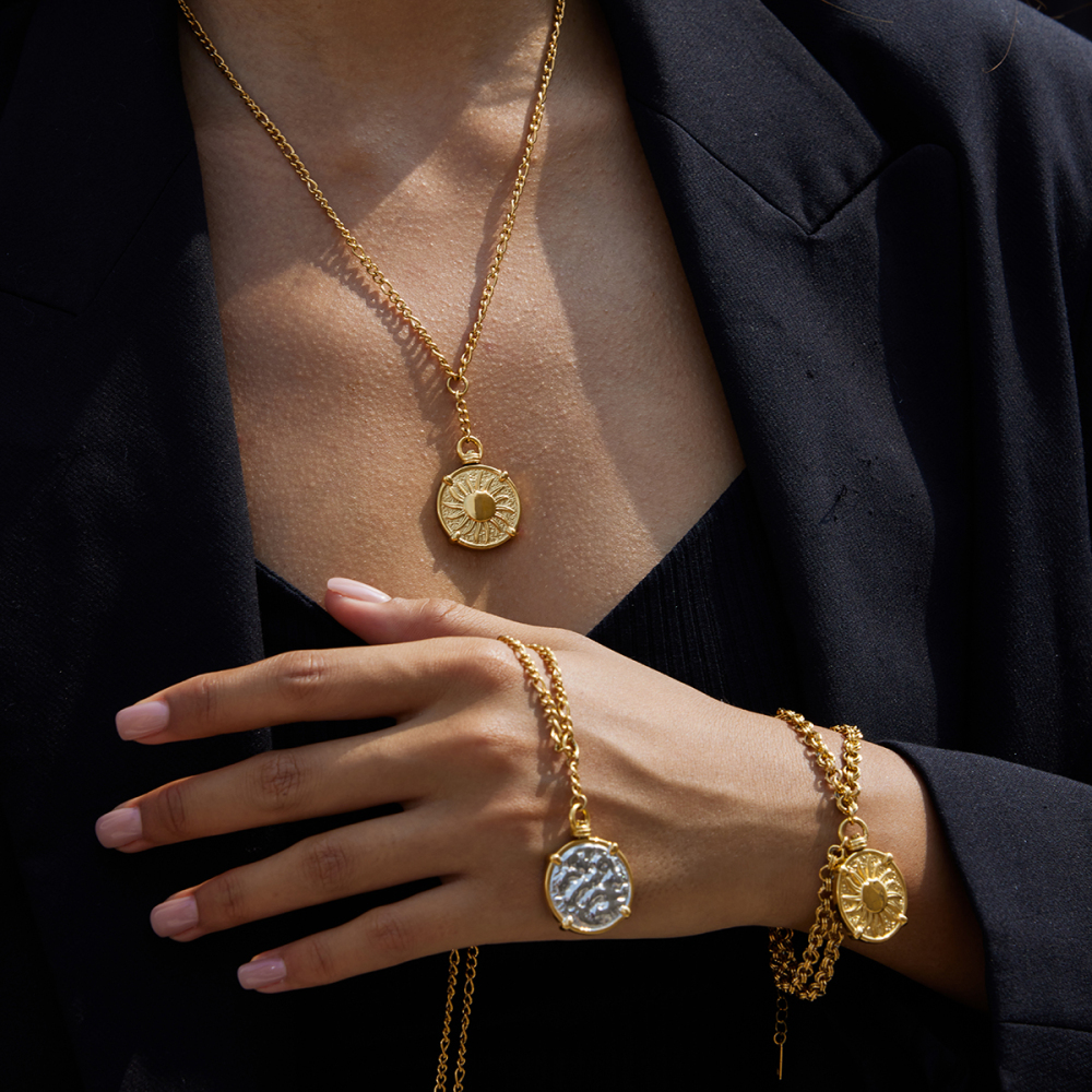 Designer Ladies Classic Style Coin Pendant Stainless Steel Gold And Silver Double Chain Bracelet 18K Gold Plated 18+5cm
