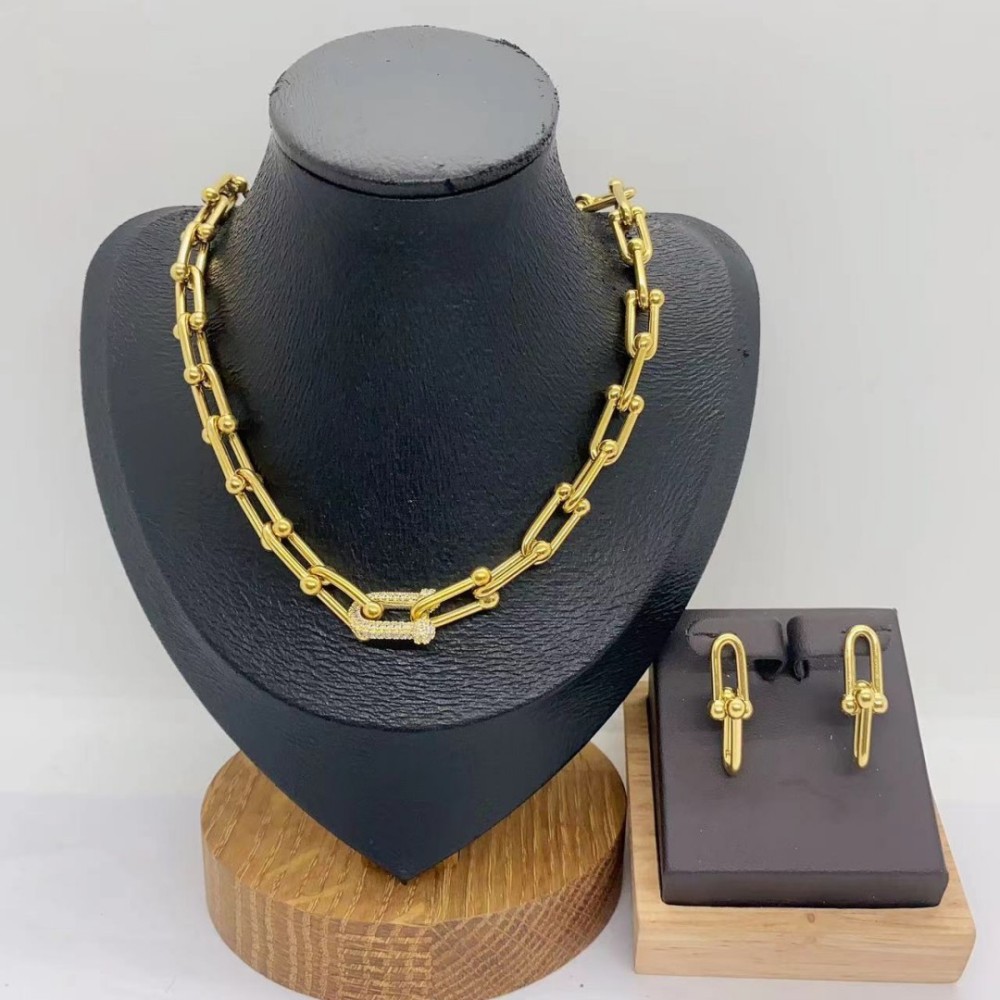 Classic Style Electroplated Micro-Paved Zircon U-Shaped Hoop Earrings Necklace Set For Women Casual Modern Jewelry Accessories