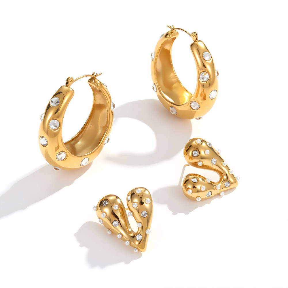Fashionable Stainless Steel Diamond Embedded Earrings Irregular Heart Several Hoops Luxury 18K Gold Plated Women's Jewelry