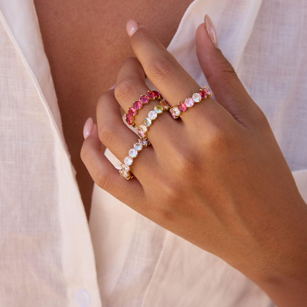 Women's Classic Style 18K Gold Stainless Steel + Zircon Inlaid Pink White Round Zircon Ring Size 7