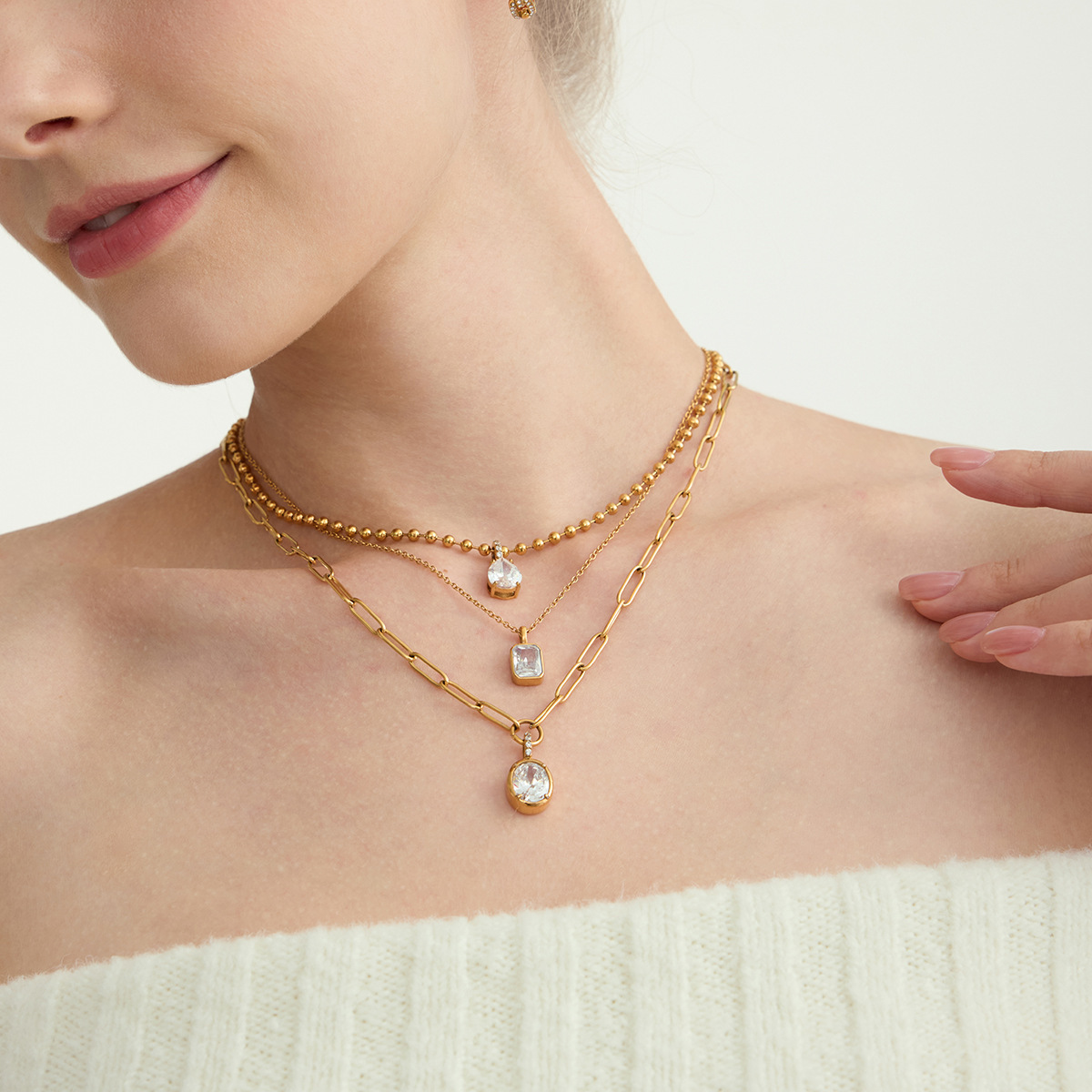 New 18K Zirconia Necklace Women's Stainless Steel Fashion Jewelry Non-fading Geometric Pattern Luxury European Style Pendant Chain