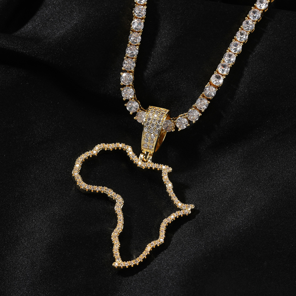 Fashion Hollow Copper Inlaid Zircon African Map Pendant Vacuum Electroplated 304 Stainless Steel Unique Design Hip Hop Style Fashion Accessories