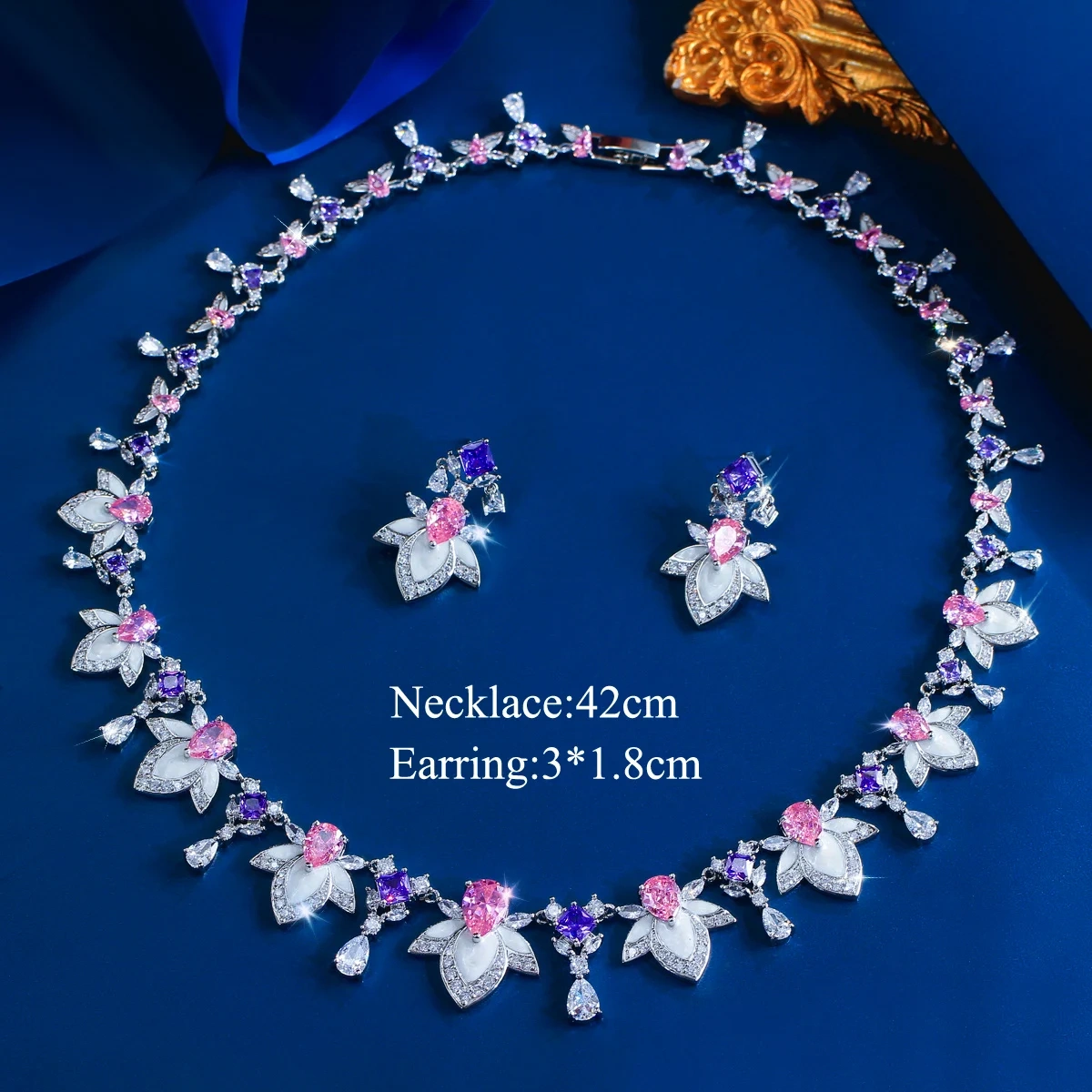 Copper Jewelry Two-Piece Set Luxurious Elegant Colorful Cubic Zirconia Enamel Floral Necklace Earring Set Suitable For Women's Weddings And Parties