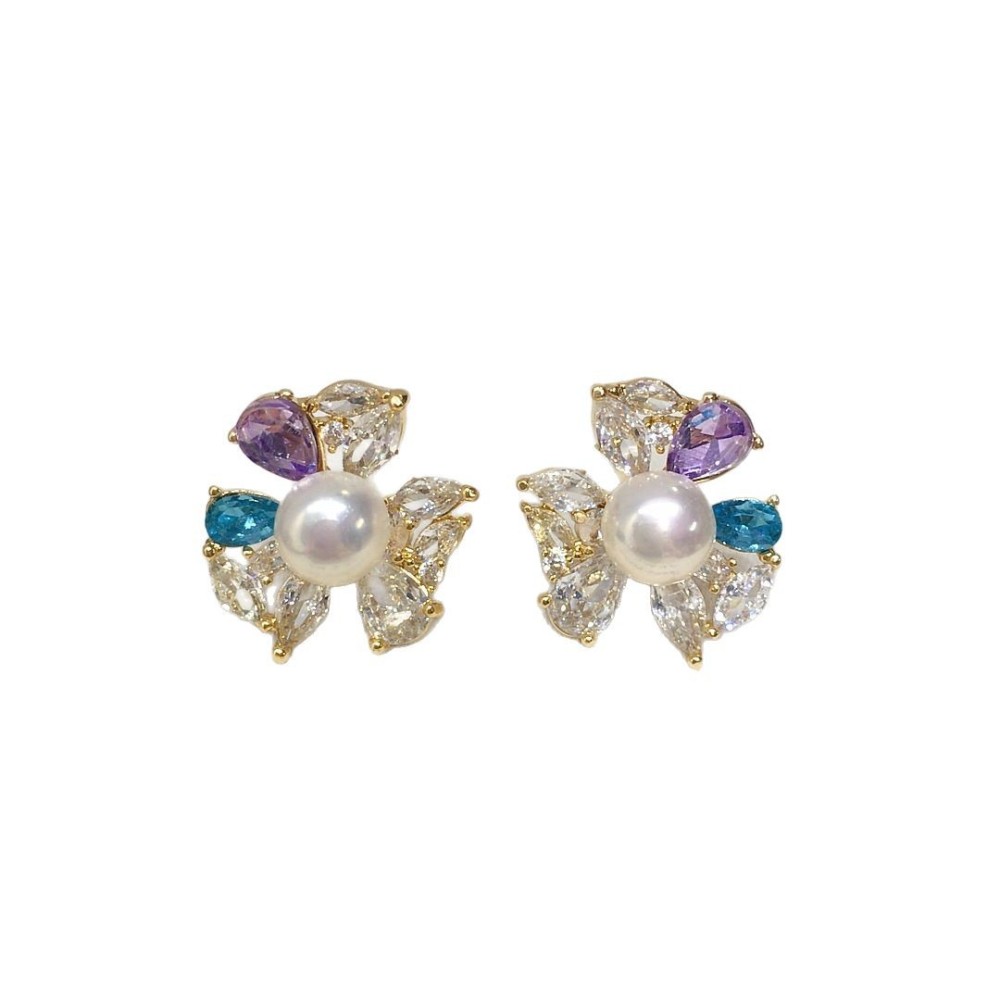 Natural Freshwater Pearl Earrings Women's Colorful Crystal Zircon Flower Pearl Studs Elegant Jewelry Accessories