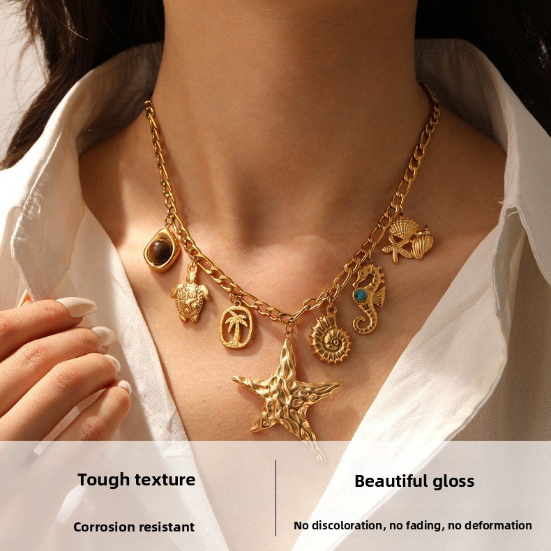 Heavy Metal Gold Plated Starfish Pendant Stainless Steel Marine Life Accessories Necklace
