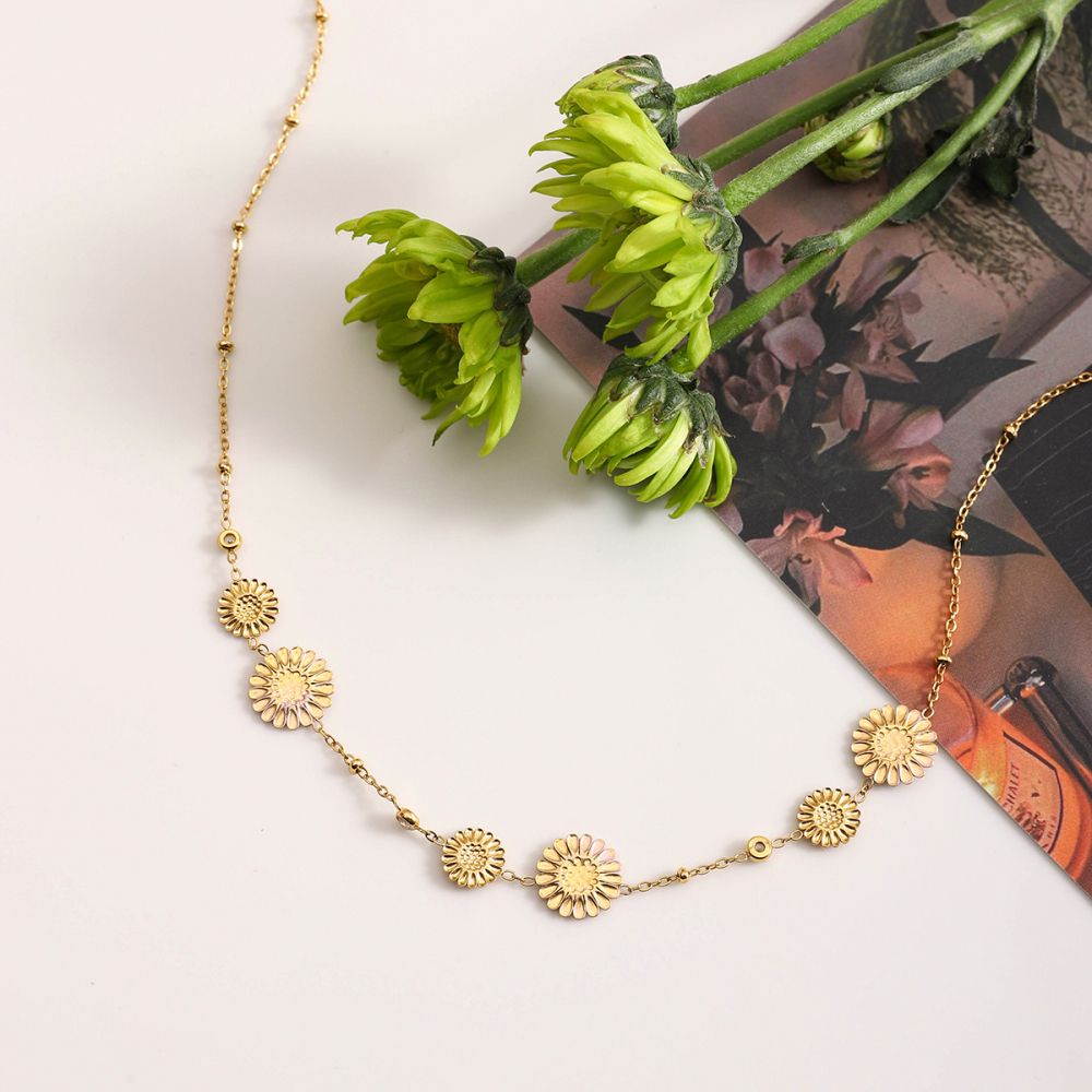 316 Stainless Steel  PVD Coated Chrysanthemum Casual Vacation Commute Cable Chain Necklace For Women's