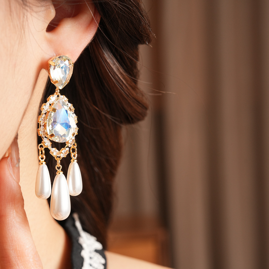 Vintage Silver Needle Inlaid Diamond Water Drop Pendant Pearl Earrings Multifunctional Pearl Jewelry Accessories