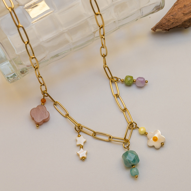 New Colorful Natural Stone Pendant Necklace Simple Fresh Female Style Stainless Steel Original Design Jewelry Accessories