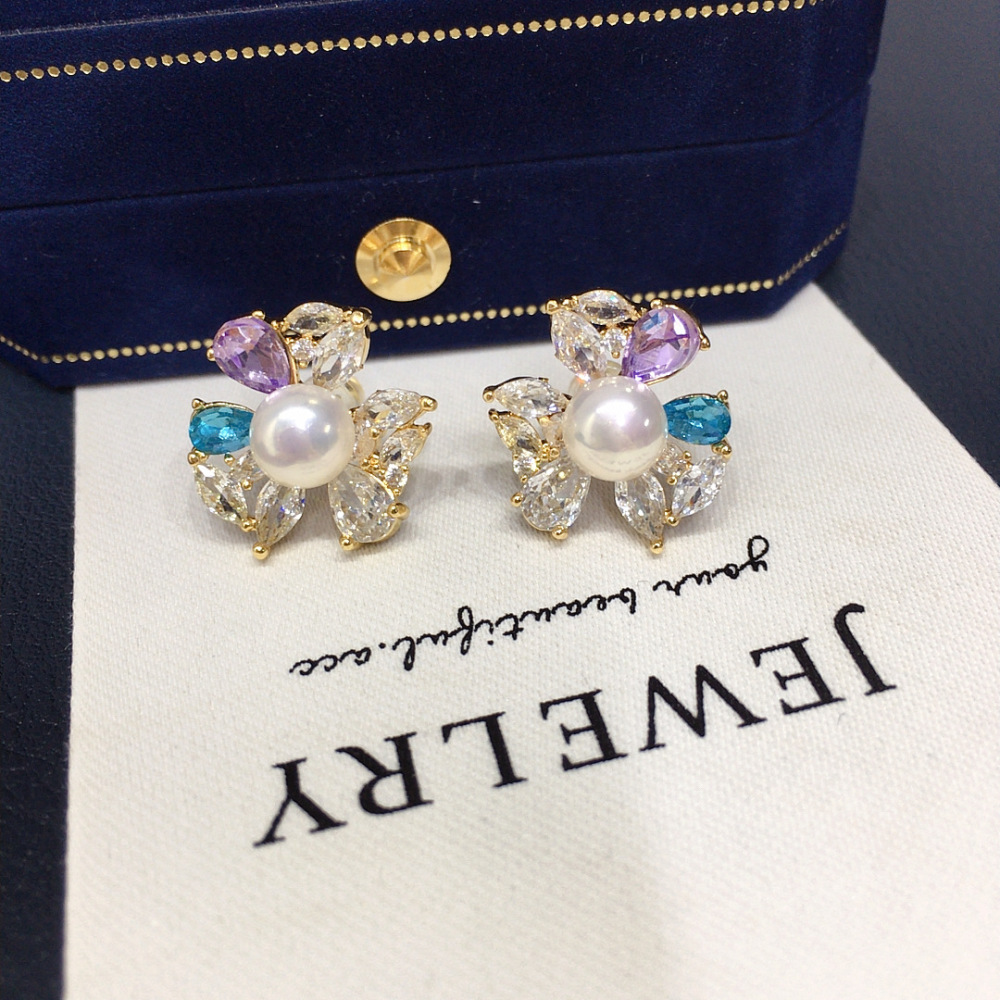 Natural Freshwater Pearl Earrings Women's Colorful Crystal Zircon Flower Pearl Studs Elegant Jewelry Accessories