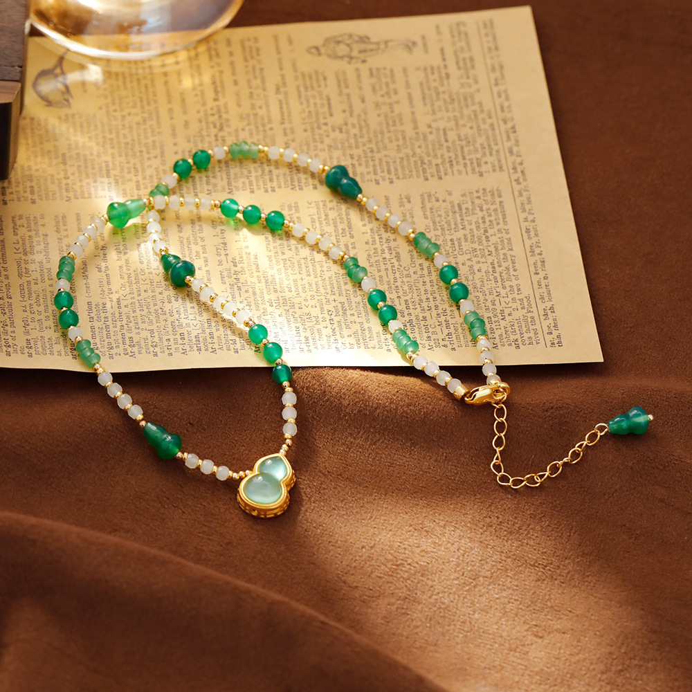 New Chinese Style Jade Agate Gourd Necklace Trendy Court Atmosphere Versatile Accessories Geometric Pattern Handmade Plating Women