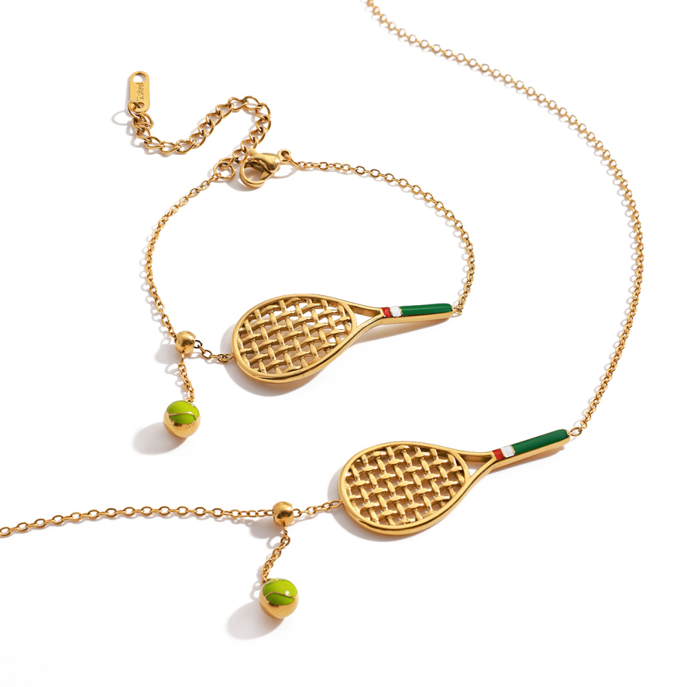 Ladies' Sporty Style Tennis Racket Pendant Necklace Bracelet Set Stainless Steel Green Drip Oil Colorful Jewelry Accessories