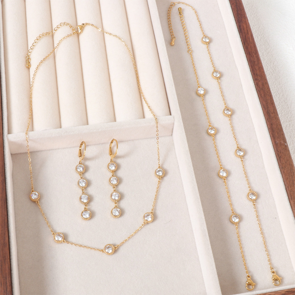 Fashion Round Zircon Necklace Set For Women, Non-Fading Summer Accessories, New 304 Stainless Steel Titanium Steel Geometric Pattern Jewelry Set