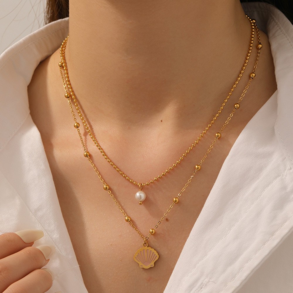 Two-Layer Oregon Drip Oil Cartoon Penguin Pearl Necklace Shell Sea Turtle Fish Ocean Animal Jewelry Accessories Stainless Steel