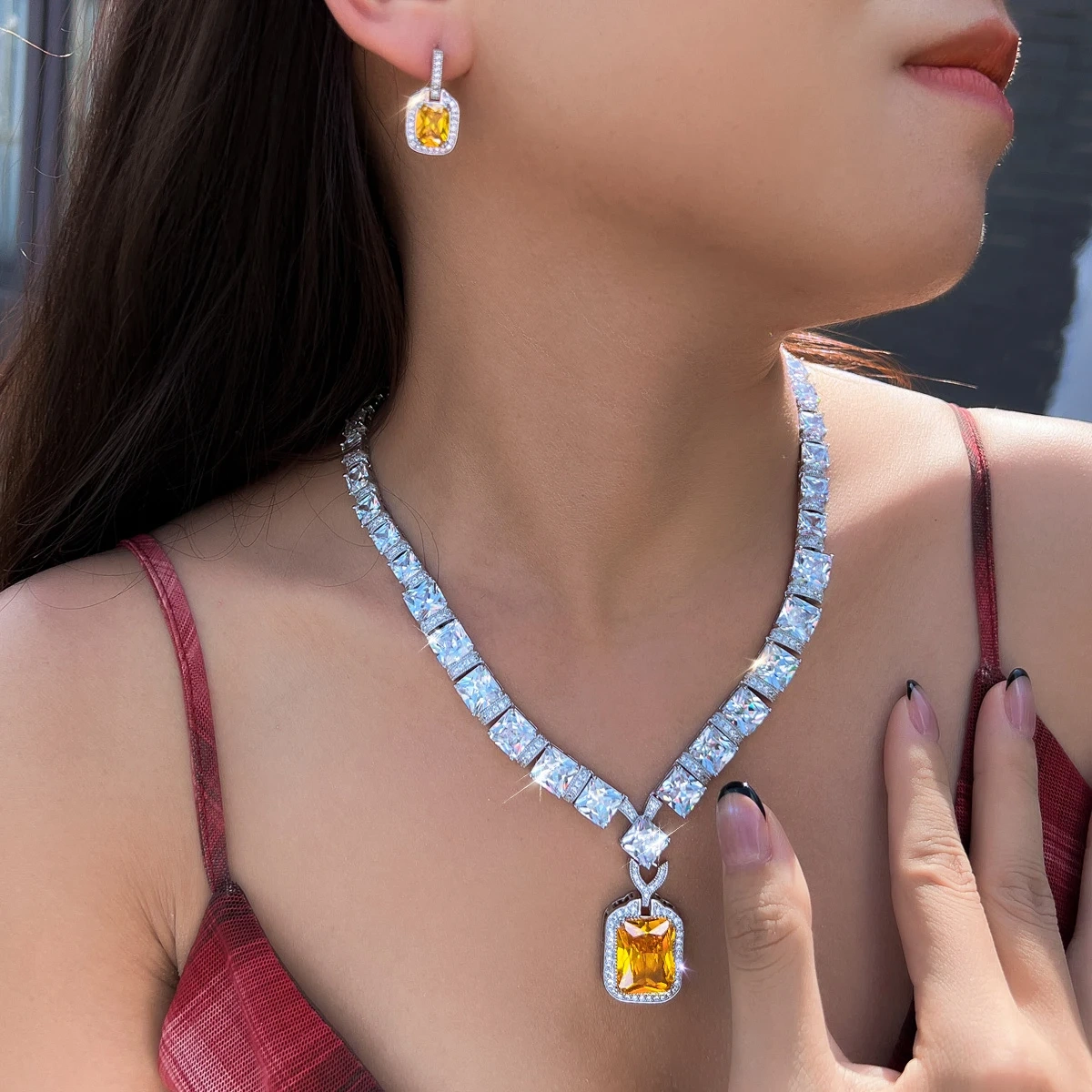 Expensive Nice Yellow Cubic Zircon Big Square Drop Earring Necklace Sets For Women Luxury Wedding Party Jewelry