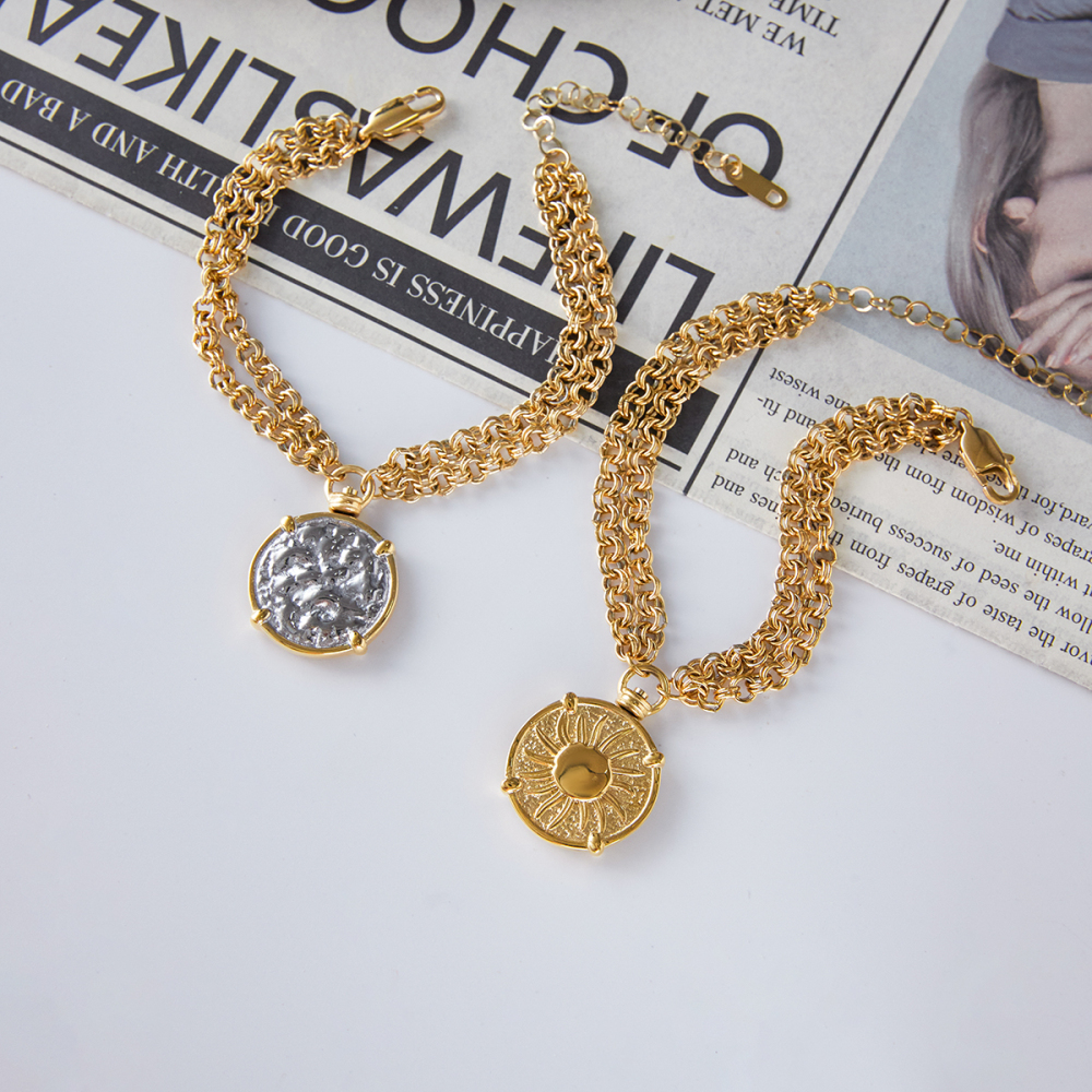Designer Ladies Classic Style Coin Pendant Stainless Steel Gold And Silver Double Chain Bracelet 18K Gold Plated 18+5cm