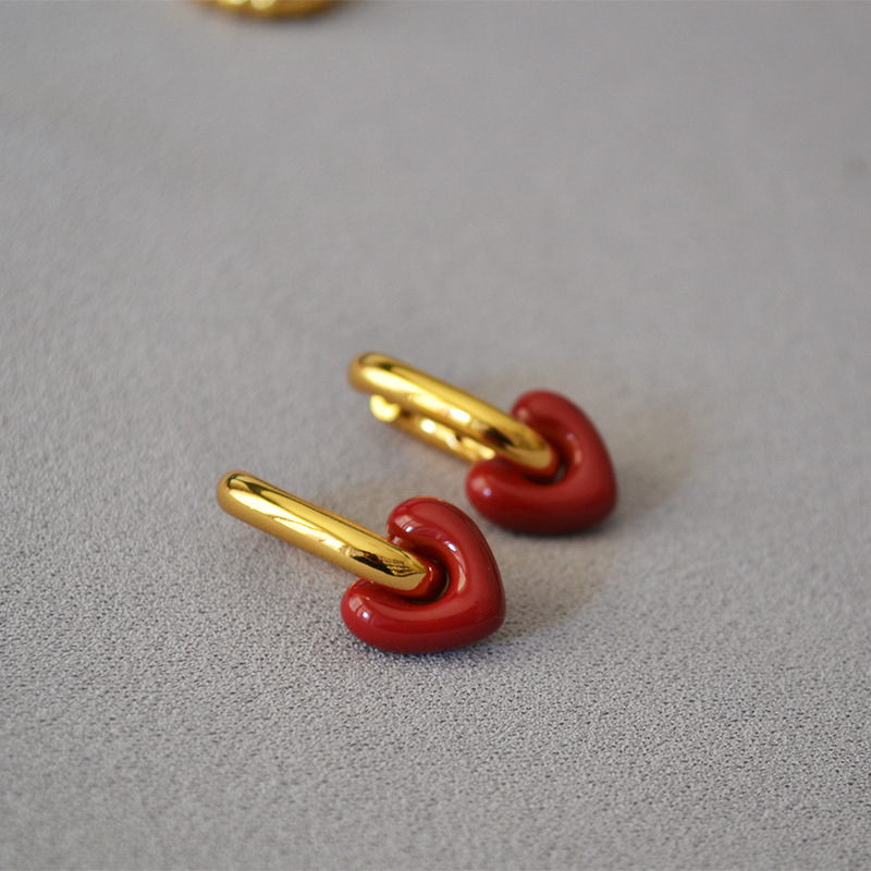 Korean Fashion Retro Red Thick Fat Small Love Handmade Enamel Glaze Personality Niche Temperament U-word Earrings Earrings