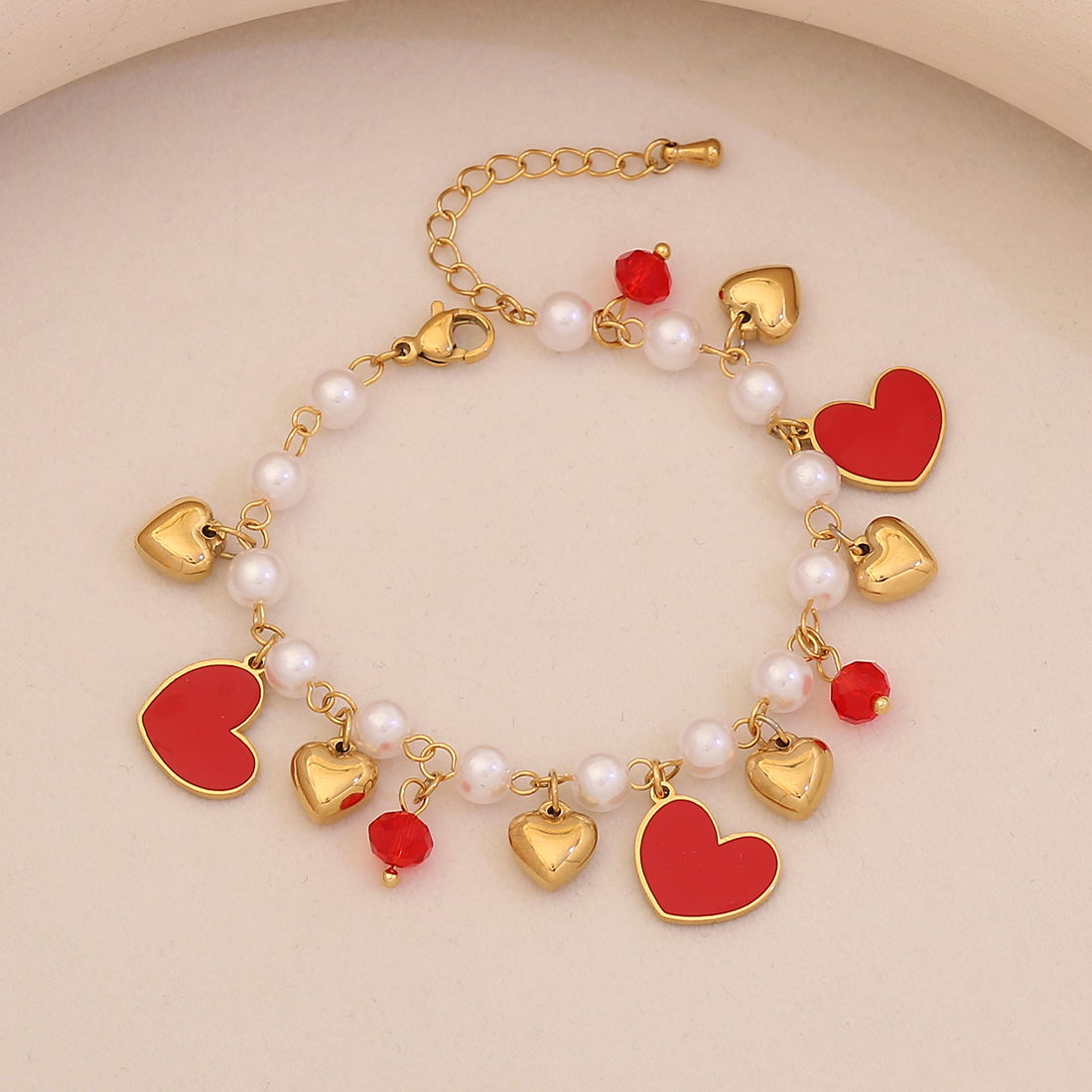 Charming Cherry Strawberry Watermelon Bracelet Elegant Imitation Pearl Hand Jewelry New Style Accessories Golden Pendant Love Heart Shape