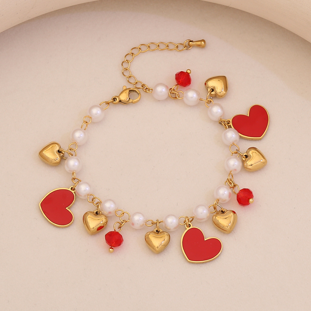 Charming Cherry Strawberry Watermelon Bracelet Elegant Imitation Pearl Hand Jewelry New Style Accessories Golden Pendant Love Heart Shape