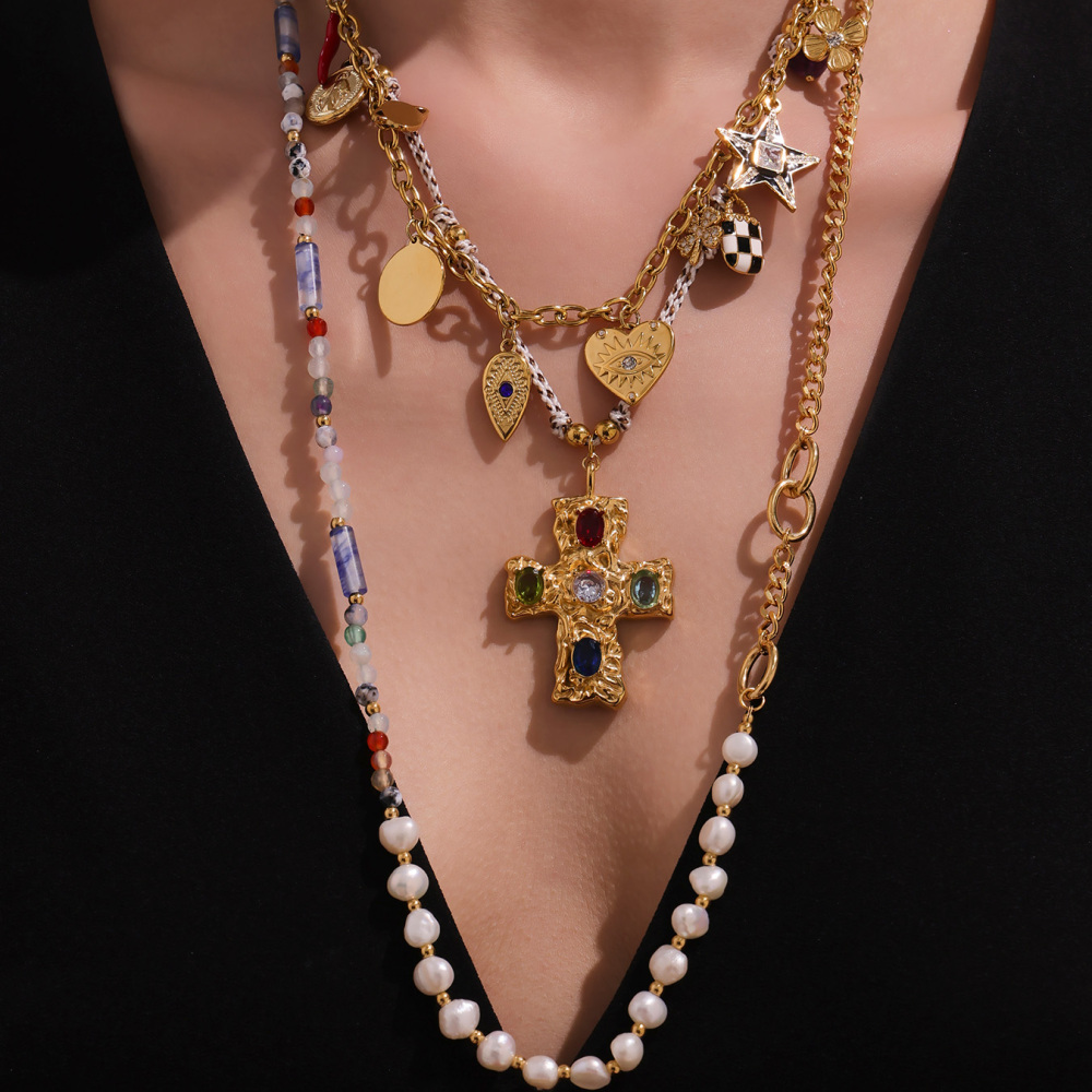 Stainless Steel Cross Pendant Necklace With Multiple Accessories Natural Stone Long Necklace Jewelry For Women Elegant And Glowing