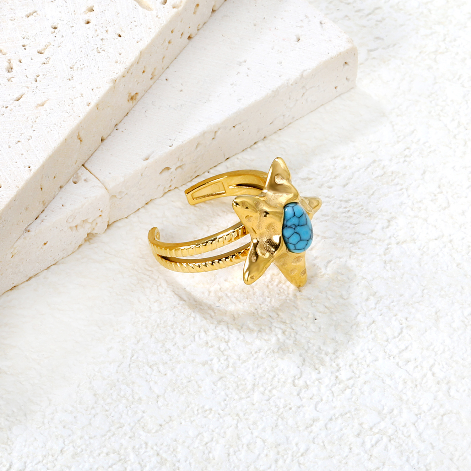 Graceful Vintage Open Ring Turquoise Star Design 304 Stainless Steel Starfish Ring Women's Fashion Jewelry Accessories Ocean Style