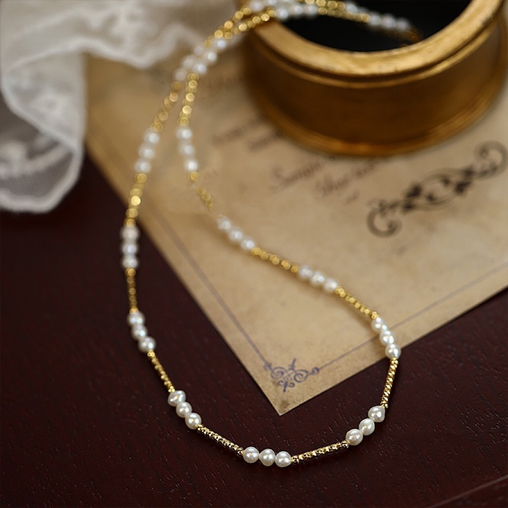 Natural Freshwater Pearl Necklace For Women Baroque Design Dainty Clavicle Chain Spacer Beads Small Rice Beads Elegant Jewelry