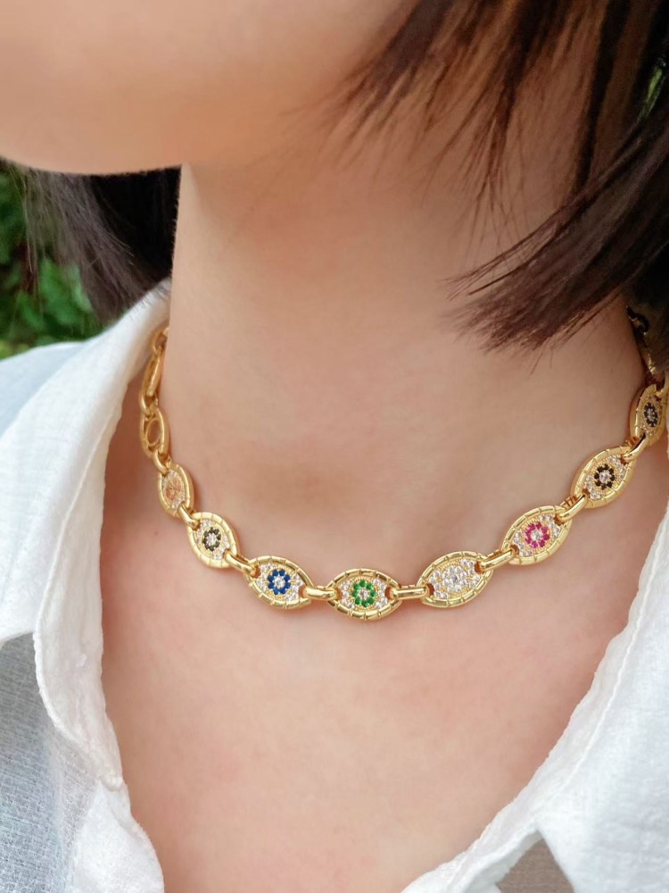 Fashionable High-End Copper Plated 18K Gold Evil Eye Bracelet Necklace Set  Style Jewelry Accessories