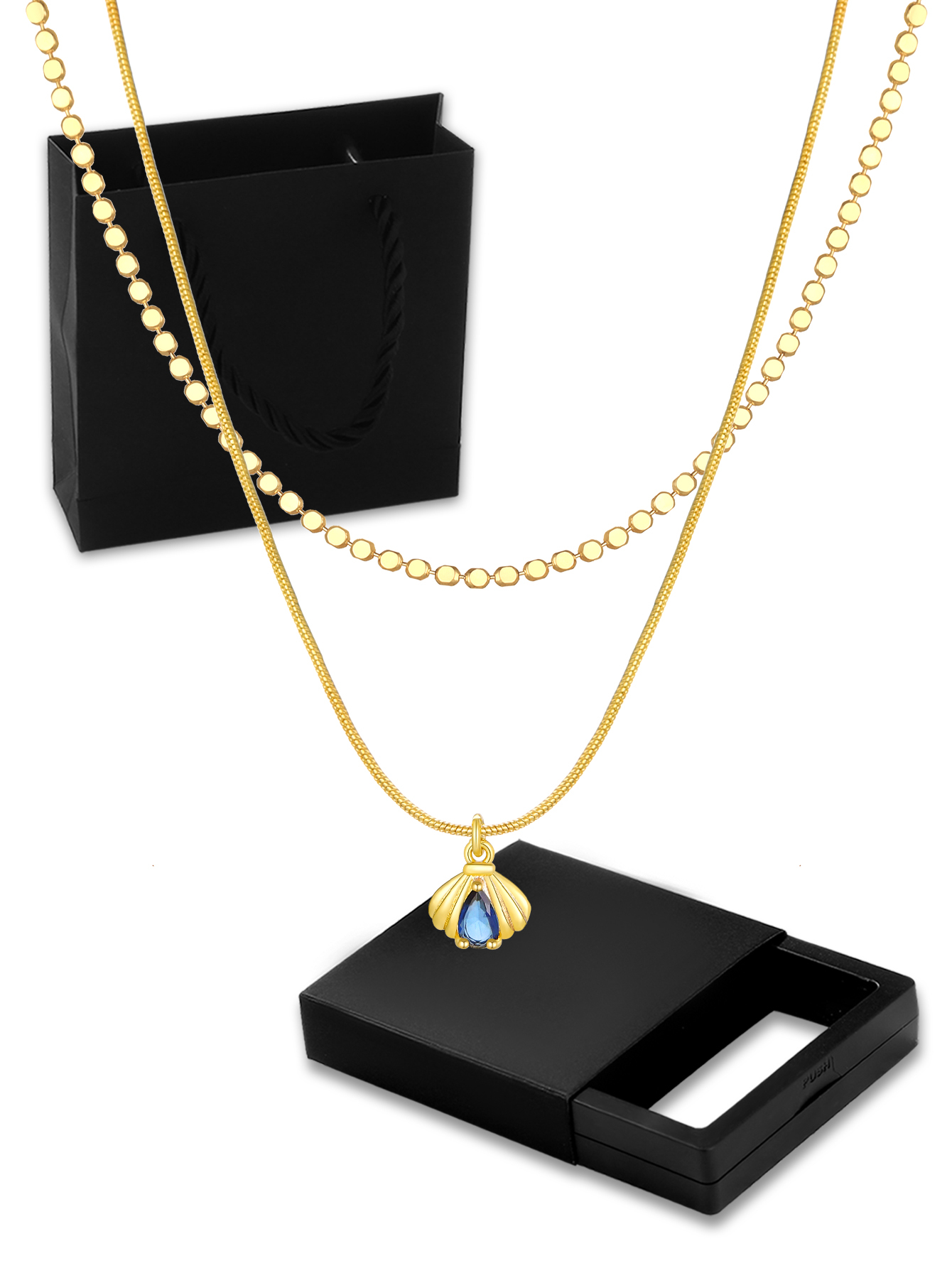 Women's 18K Gold Double Layer Stacked Necklace Set Gift Box Gold Geometric Square Buckle Chain + Micro Pave Diamond Chain French Light Luxury Style Niche Design Choker Exquisite Versatile Accessories