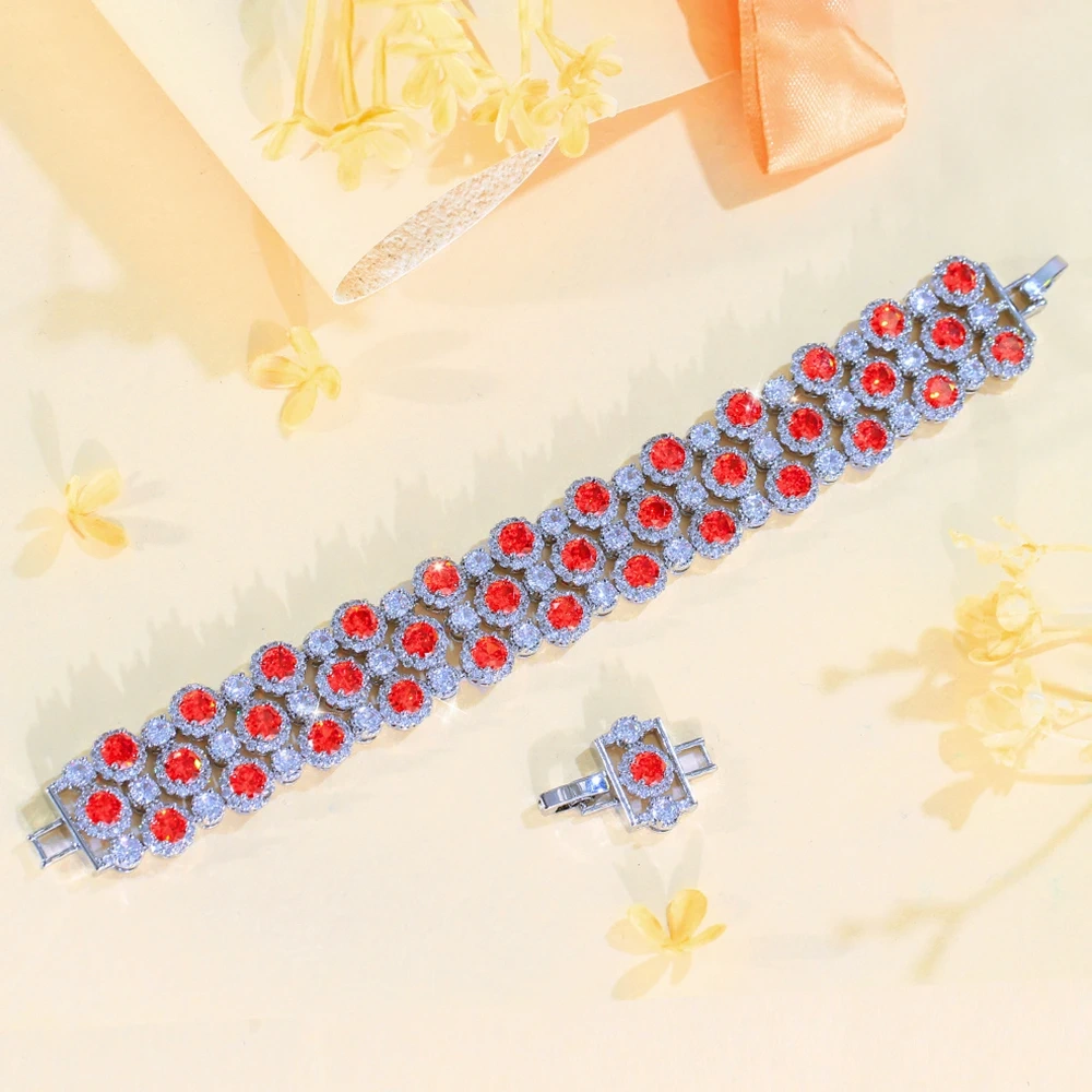 1 Copper Bracelet Luxurious Shiny Red Round Cubic Zirconia Wide Bangle For Women Exquisite Mother's Day Jewelry Holiday Gift