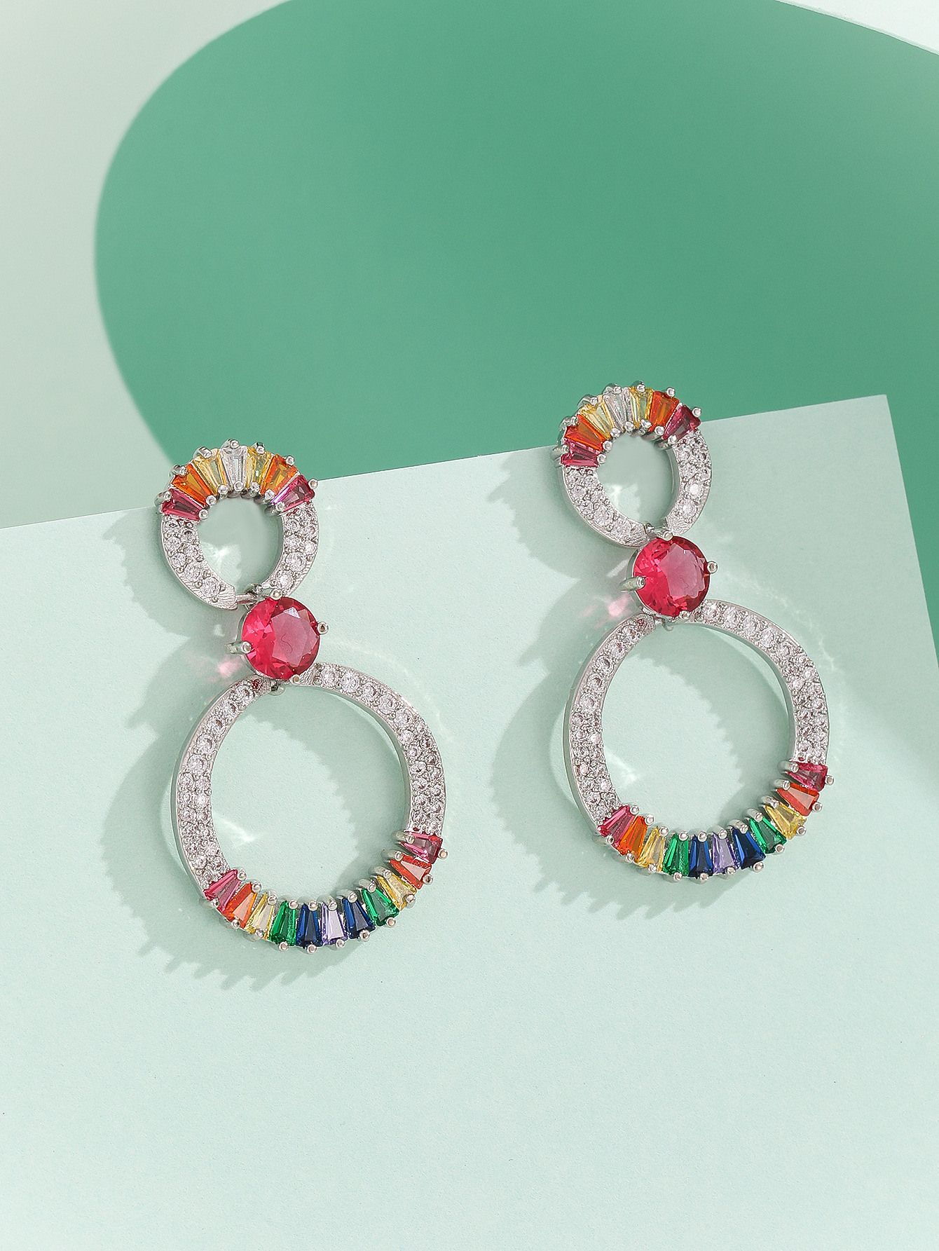 Fashion  Style Earrings Micro Inlaid Colorful Zircon Earrings Super Sparkling Double Hoop Round Personality High-end Temperament Earrings