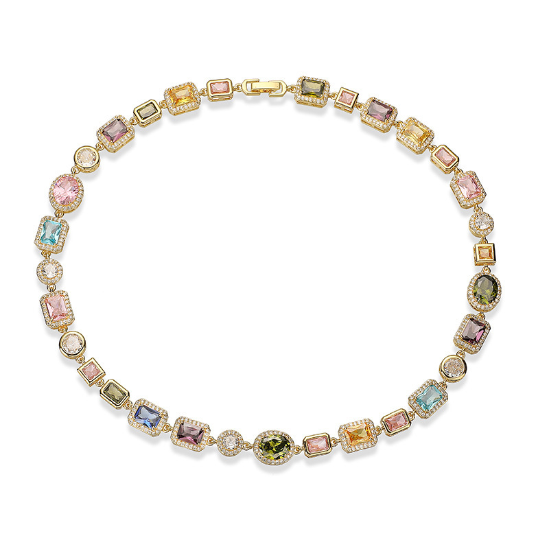 Retro Luxury Geometric Color Diamond Embedding Bracelet Necklace Set Palace Style Fashion Jewelry Accessories For Women