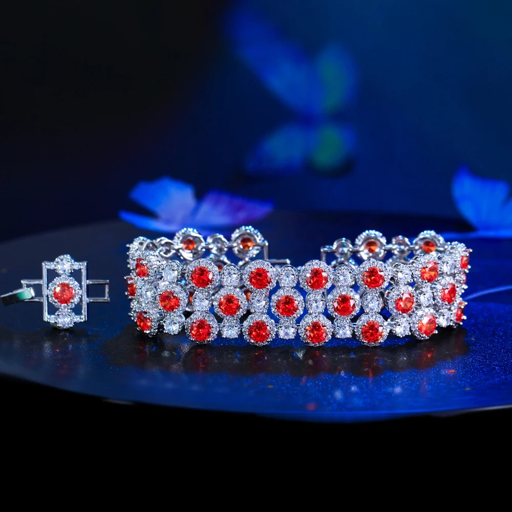 1 Copper Bracelet Luxurious Shiny Red Round Cubic Zirconia Wide Bangle For Women Exquisite Mother's Day Jewelry Holiday Gift