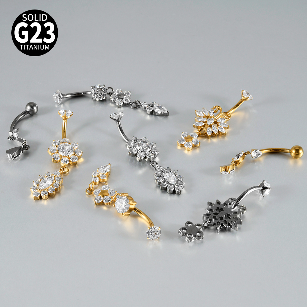 Titanium Navel Piercing Belly Button Ring Moon Zircon Heart Shaped Flower Butterfly Pendant Body Piercing Jewelry Accessories