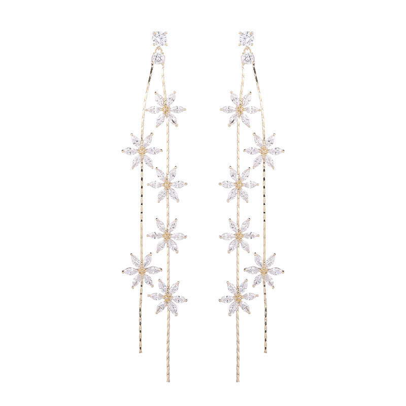 Bohemian Style Long Dangle Earrings Women's Fashion Floral Pendant Tassel Earrings Elegant Celebrity Inspired Zircon Studs