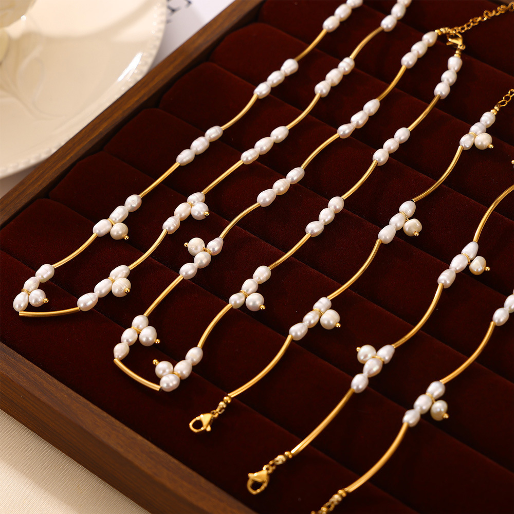 Hepburn Titanium Steel Pearl Bead Geometric Design Jewelry Set Simple Women's Accessories Jewelry