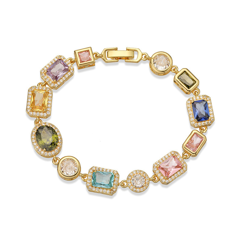 Retro Luxury Geometric Color Diamond Embedding Bracelet Necklace Set Palace Style Fashion Jewelry Accessories For Women