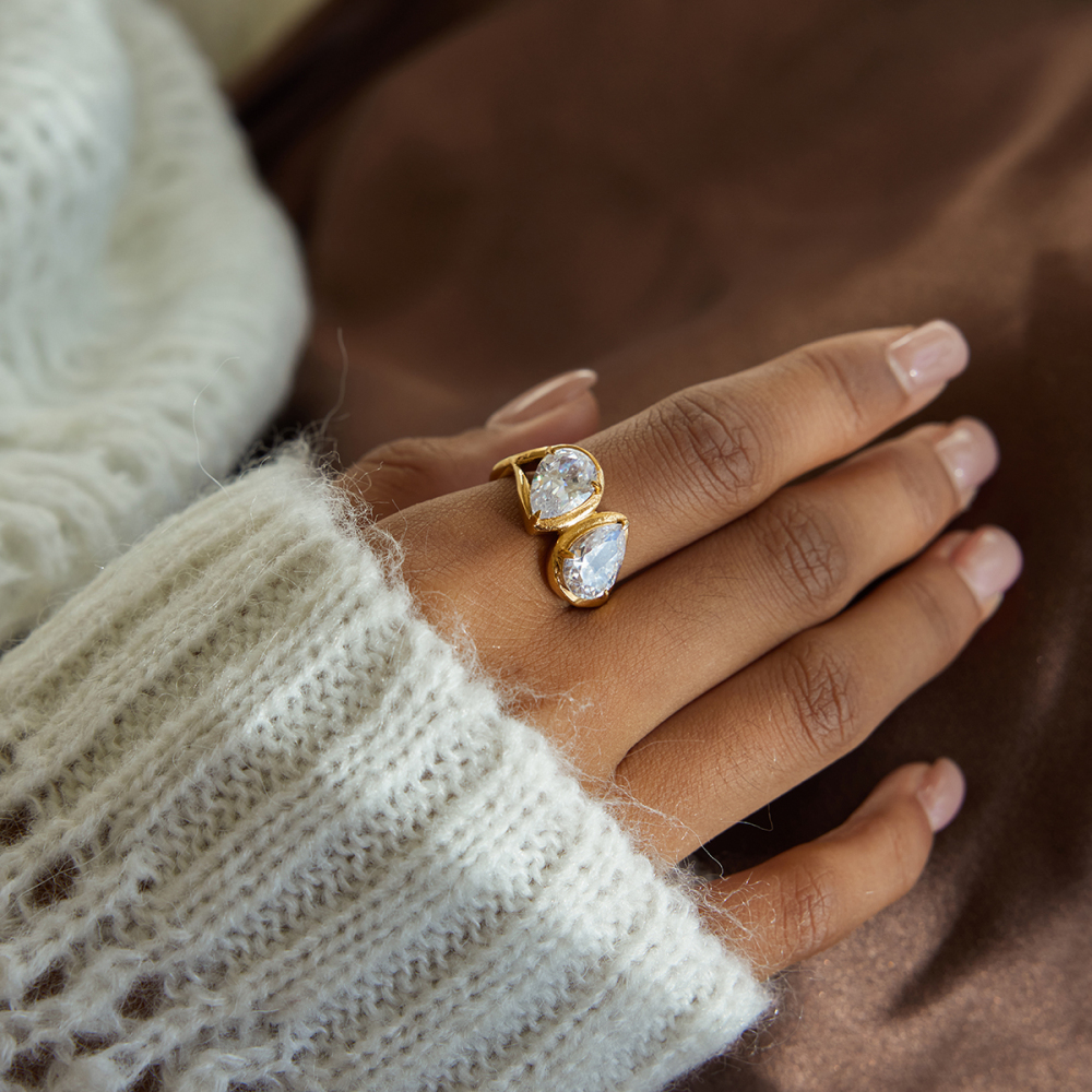 Women's Classic Style 18K Gold Stainless Steel + Zircon White Water Drop Zircon Ring Size 7