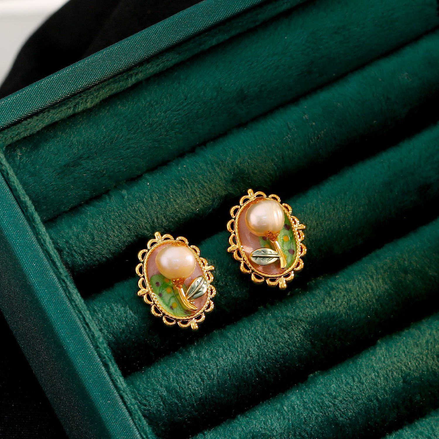 New Natural Pearl Earrings For Women Vintage Baroque Monet Garden Summer Jewelry Accessories Tulips And Roses