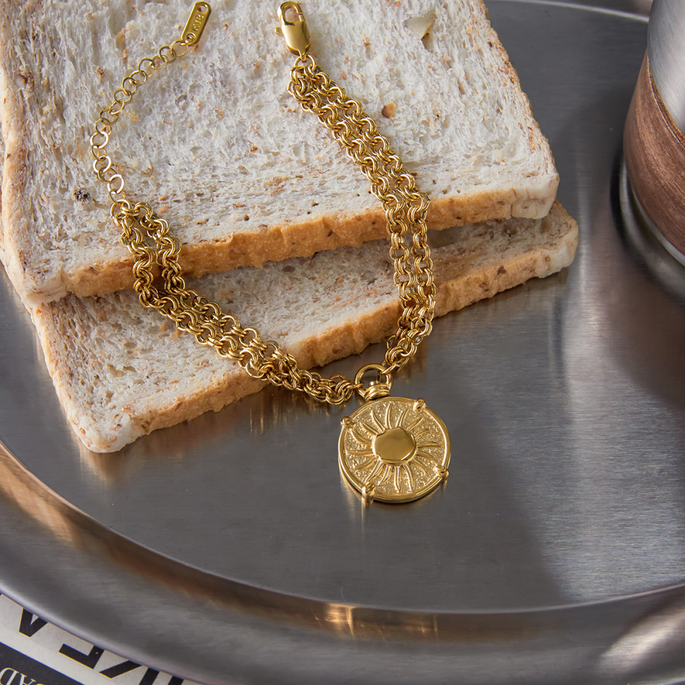 Designer Ladies Classic Style Coin Pendant Stainless Steel Gold And Silver Double Chain Bracelet 18K Gold Plated 18+5cm