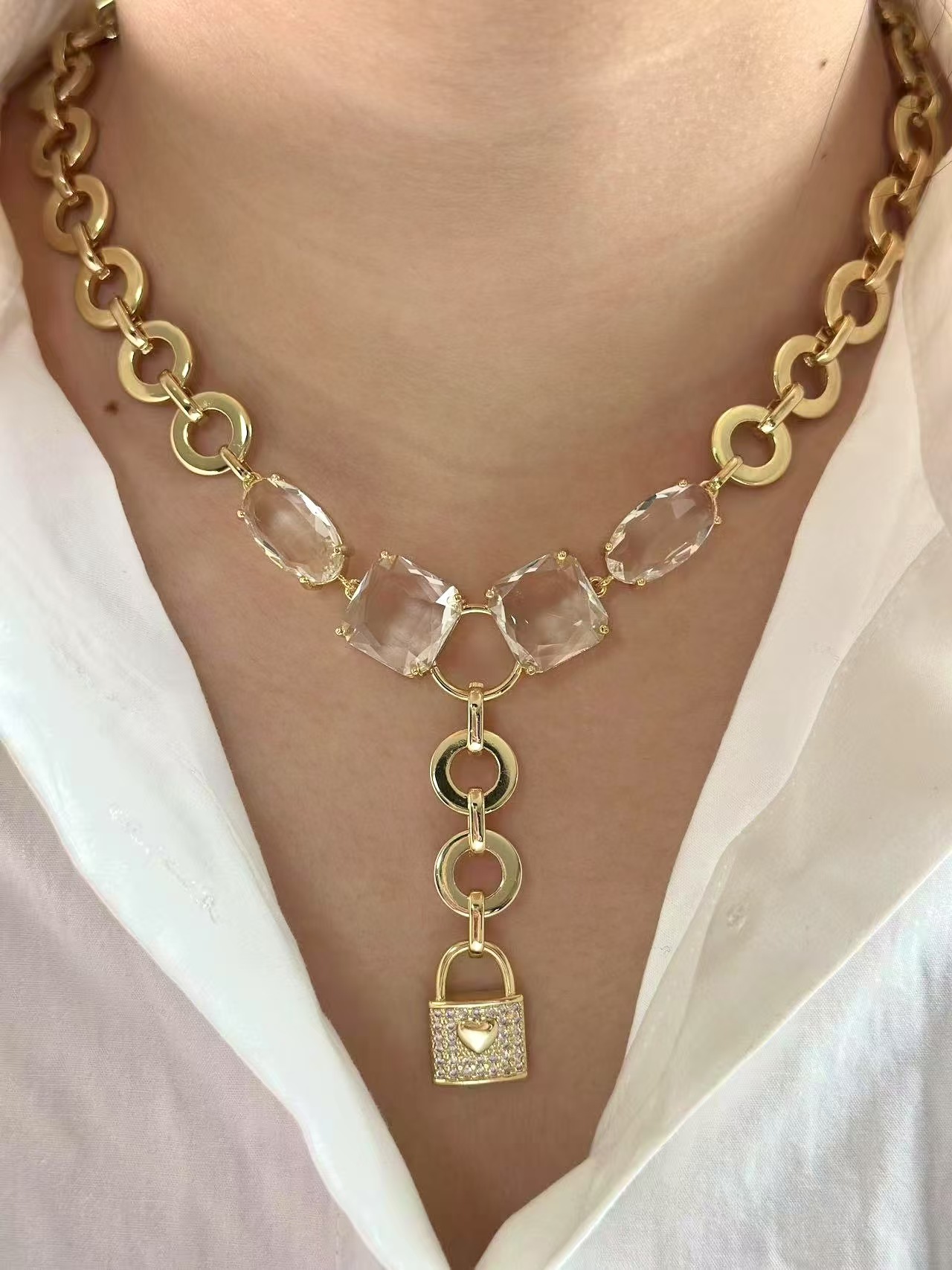 Wholesale Jewelry Elegant Classical Rock Candy Heart Shape Lock Copper Zircon Gold Plated Bracelets Necklace