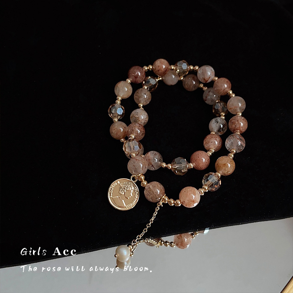 Double Layered Natural Stone Red Hair Crystal Bracelet Luxury Minimalist Fashion Versatile Geometric Pattern Everyday Wear For Women