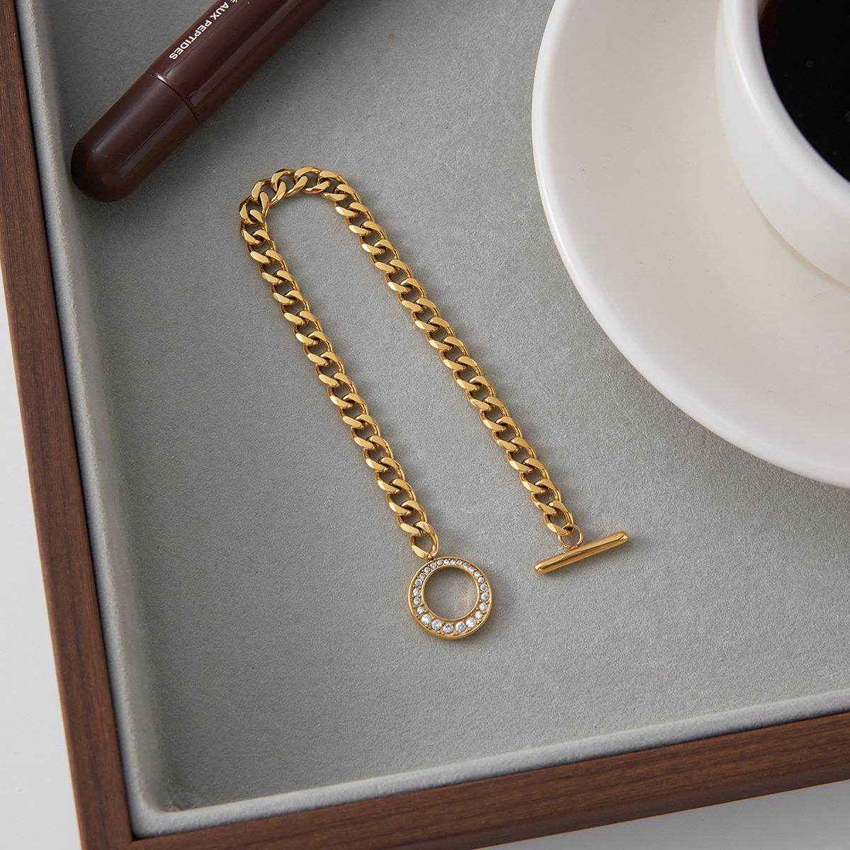 Ladies Classic Style Stainless Steel Zirconia OT Buckle Bracelet White Zirconia Basic NK Chain 21cm Round Pattern Vacuum Plated