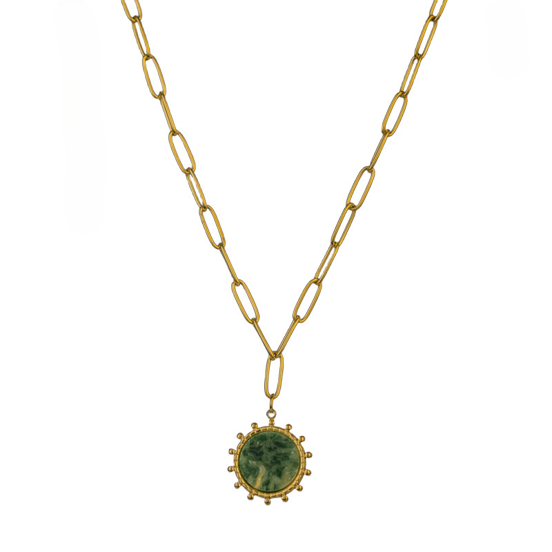 Bohemian Style Gold-Plated Sun 304 Stainless Steel Titanium Steel Necklace Natural Stone Round Pendant Luxurious Simple Women's Jewelry Accessories