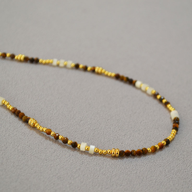 French Vintage Design Shell Beads Tiger Eye Stones Necklace Collarbone Chain Women Simple Elegance Jewelry Accessories