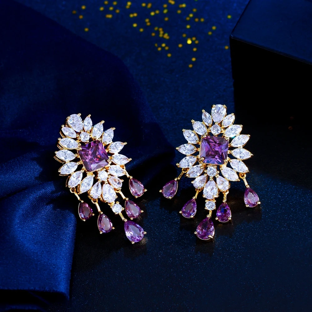 Quality Charming Purple CZ Crystal Big Flower Long Drop Tassel Earrings For Women Fashion Dancing Party Jewelry