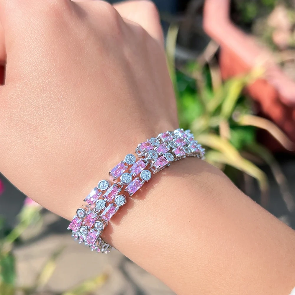 Geometric Shiny Pink Cubic Zirconia Big Wide Bracelets Bangles For Women Wedding Engagement Jewelry Accessories