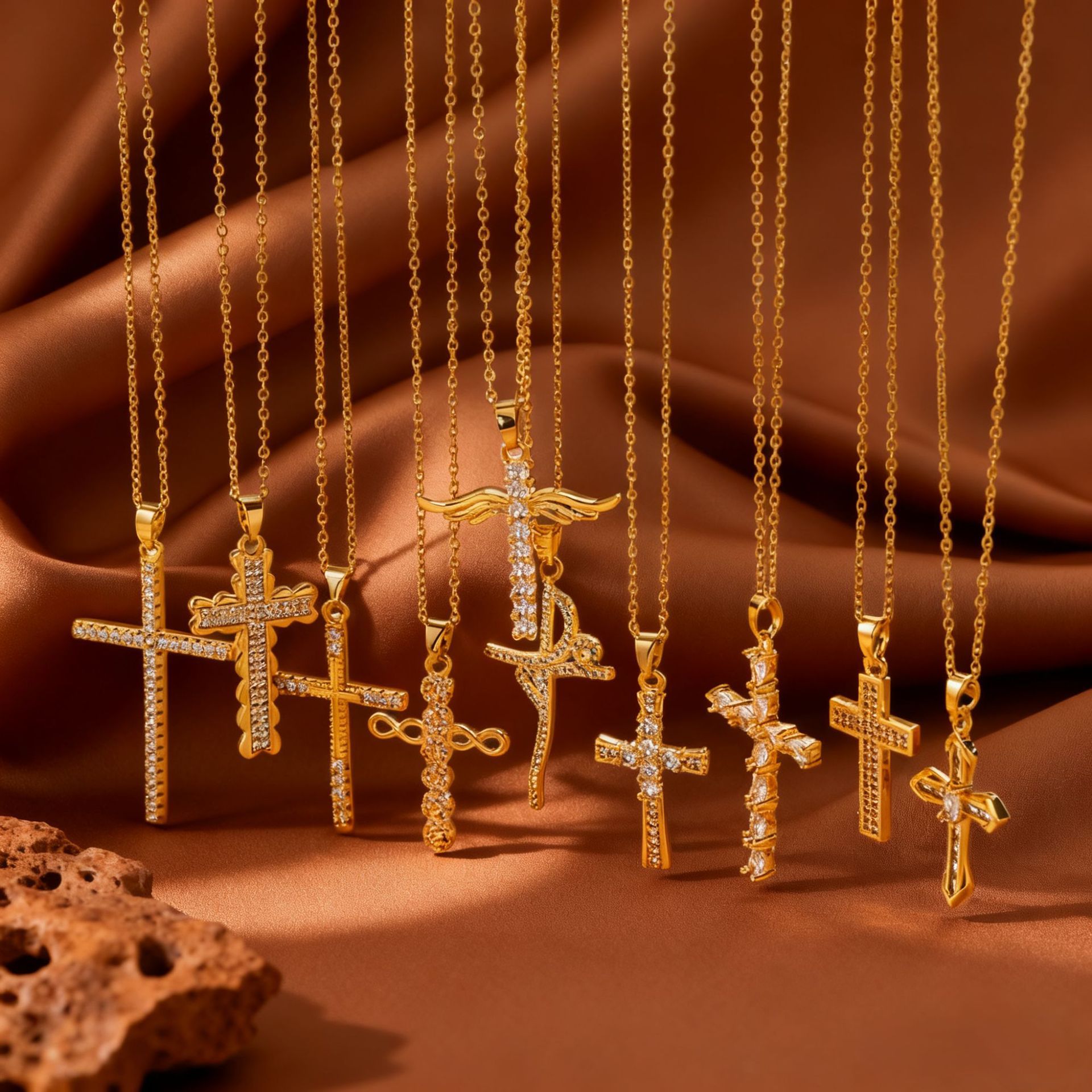 Rose Gold Plated Titanium Steel Cross Necklace For Women With Micro Pave Zircon Copper Pendant Bohemian Style