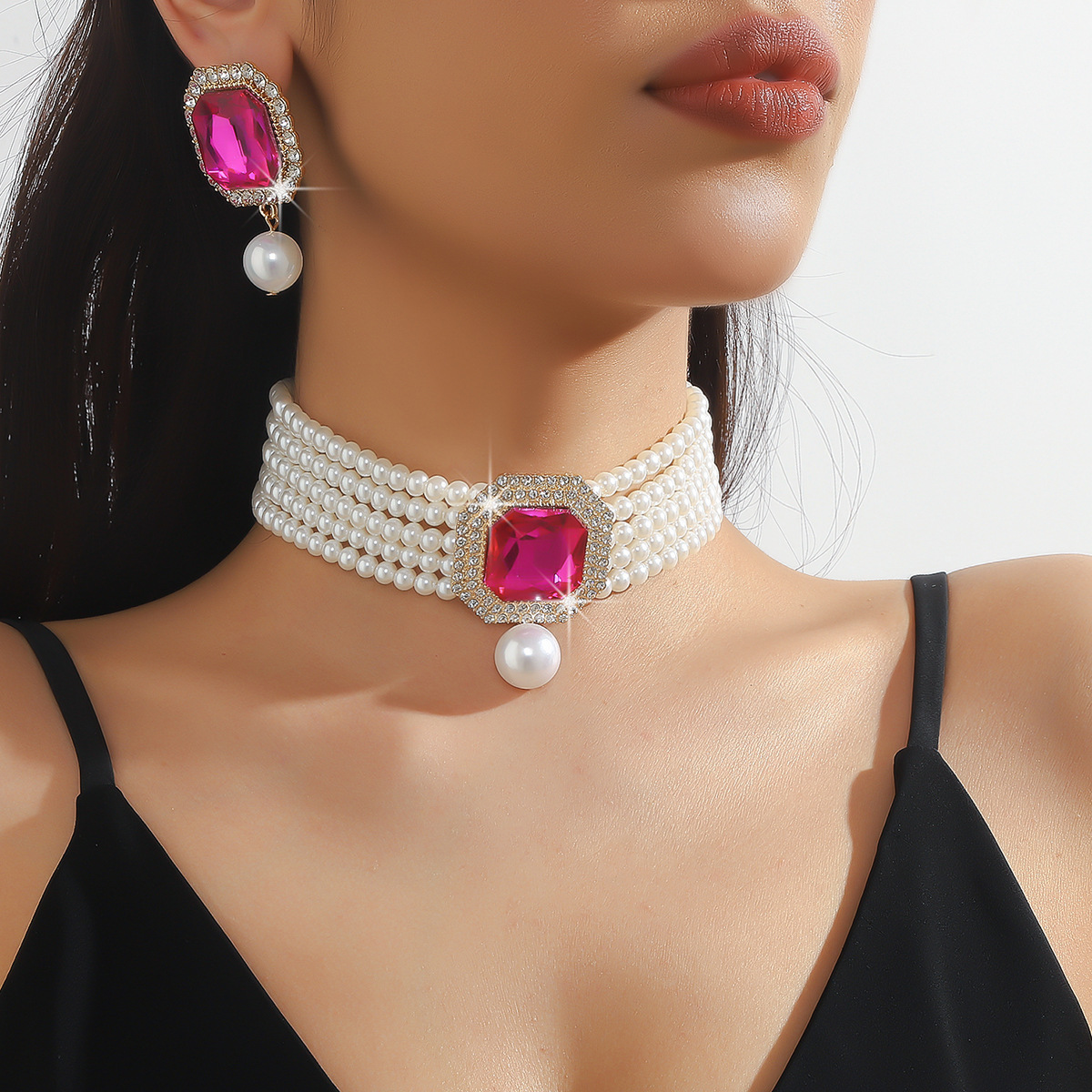1 Set Glam Luxurious Lady Geometric Heart Shape Artificial Crystal Imitation Pearl Copper Inlay Artificial Crystal Women's Beaded Chain Jewelry Set