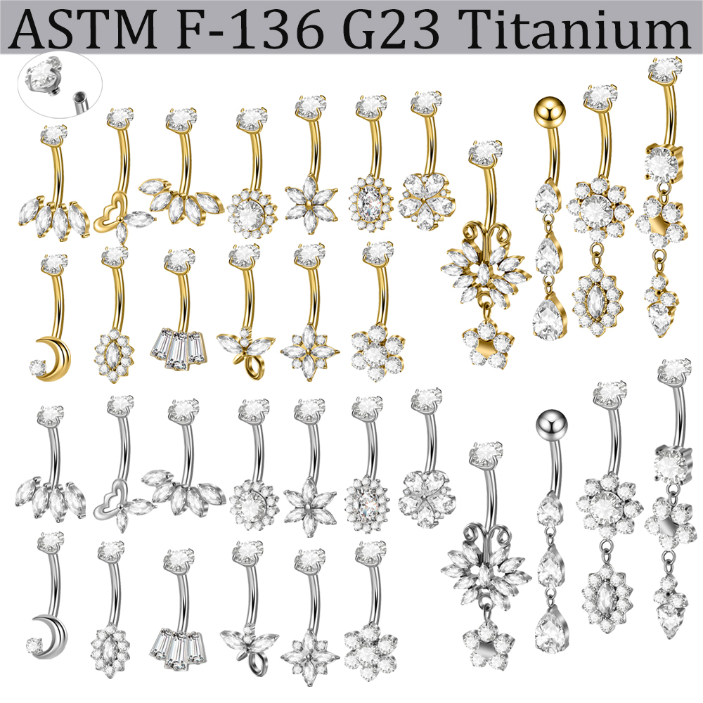 Titanium Navel Piercing Belly Button Ring Moon Zircon Heart Shaped Flower Butterfly Pendant Body Piercing Jewelry Accessories