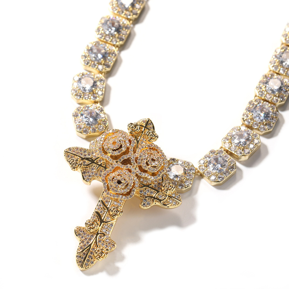 Fashion Style Rose Cross Zircon Pendant Twisted Chain Necklace Unisex Couple Accessories Geometric Pattern Copper Material